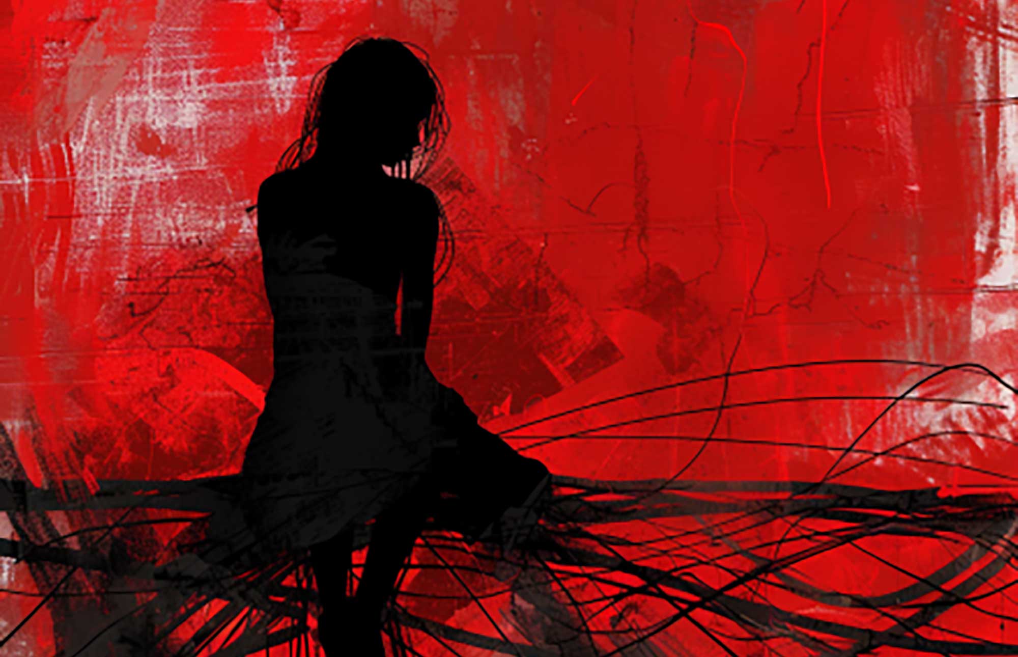 Stylized red, black, and gray graphic of a young woman sitting on a tree limb looking down into the void.