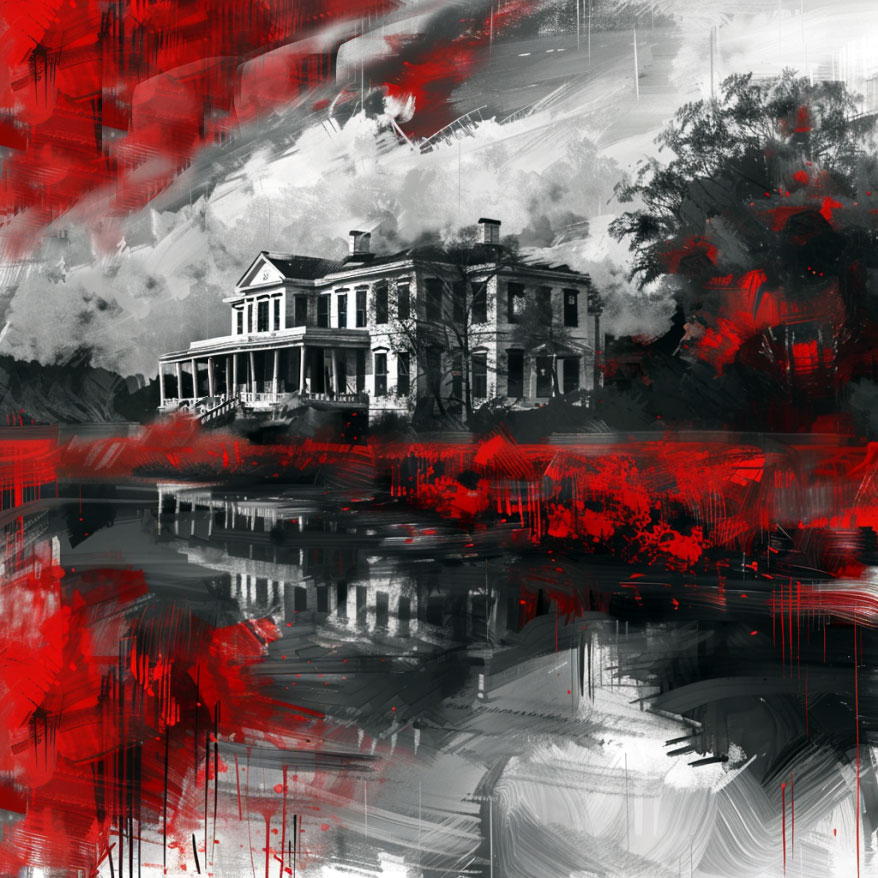 Stylized red, black, and gray graphic of an antebellum mansion in disrepair overlooking a river.