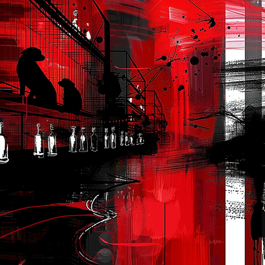 Stylized red, black, and gray graphic of a Fortune 500 biotech lab with test animals.