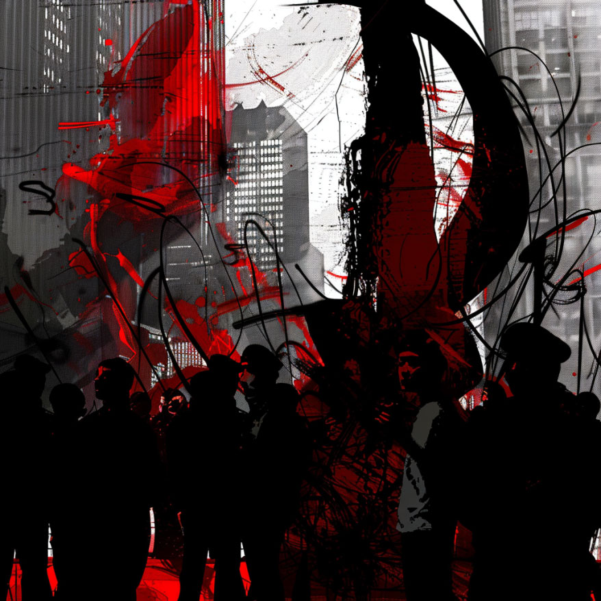 Stylized red, black, and gray graphic of Animal Rights activists protesting in Chicago's Daley Center.